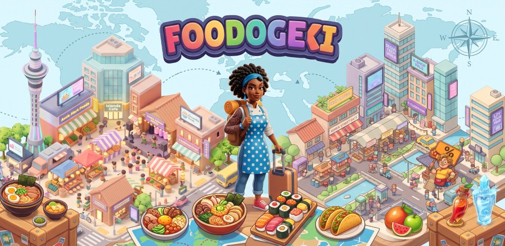 A chef with a suitcase stands in a parking lot ringed by food stalls, with city landmarks behind her and a rainbow Foodogeki sign overhead.