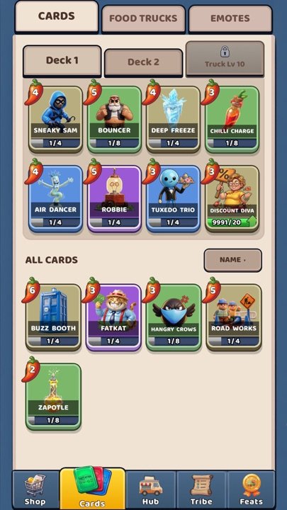 The cards screen: two decks and a grid of crew cards, each with its Buzz cost.