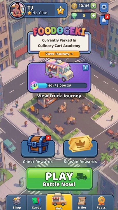 The home screen: your truck, your current lot, chest and season rewards, and a Play button.