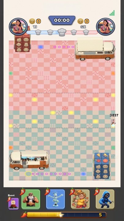 A match in progress: two food trucks face each other across a tiled lot with a timer at the top and a hand of cards at the bottom.